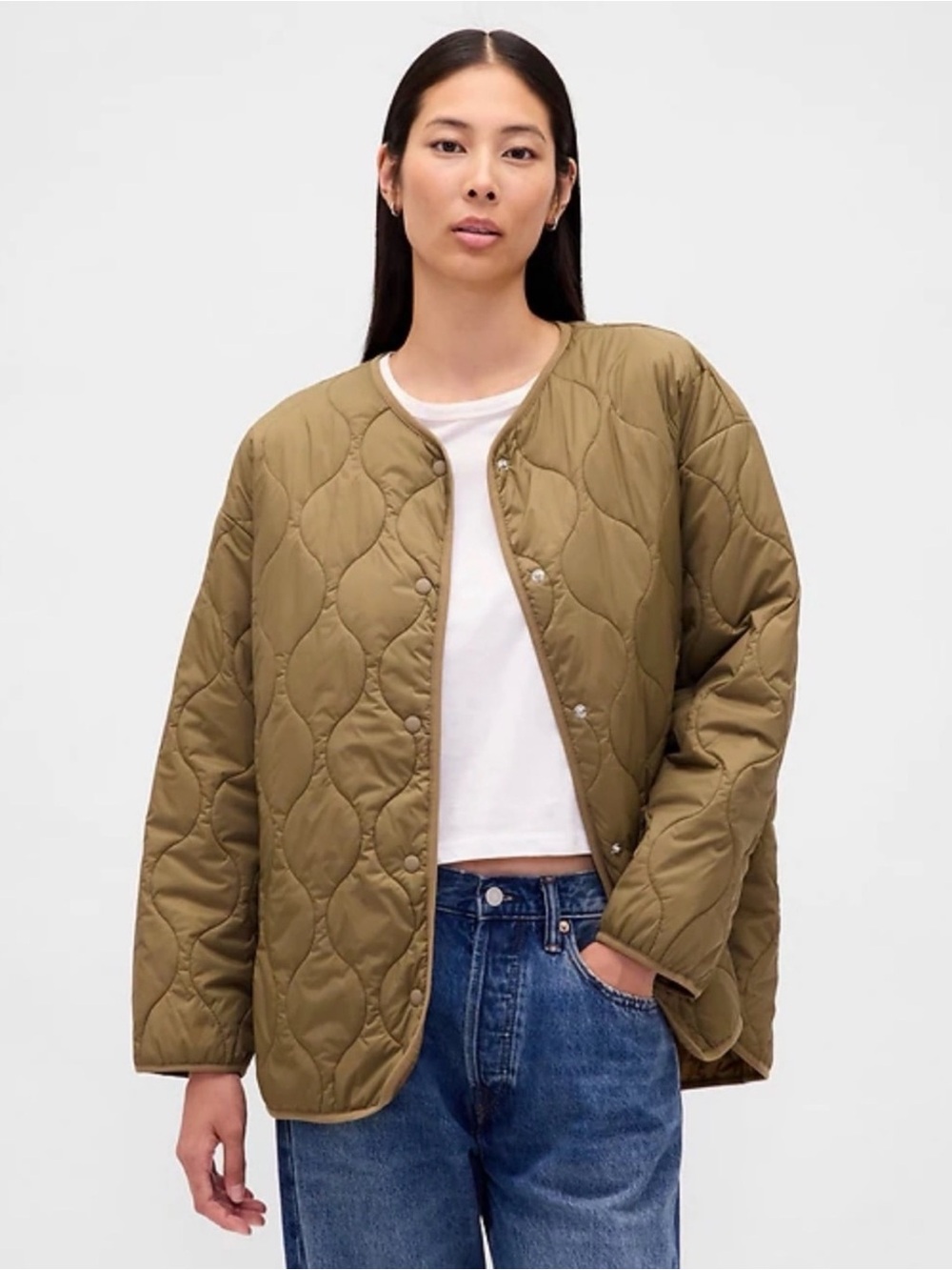 GAP Recycled Lightweight Quilted Oversized Liner Jacket, Dried Moss | Large Tall